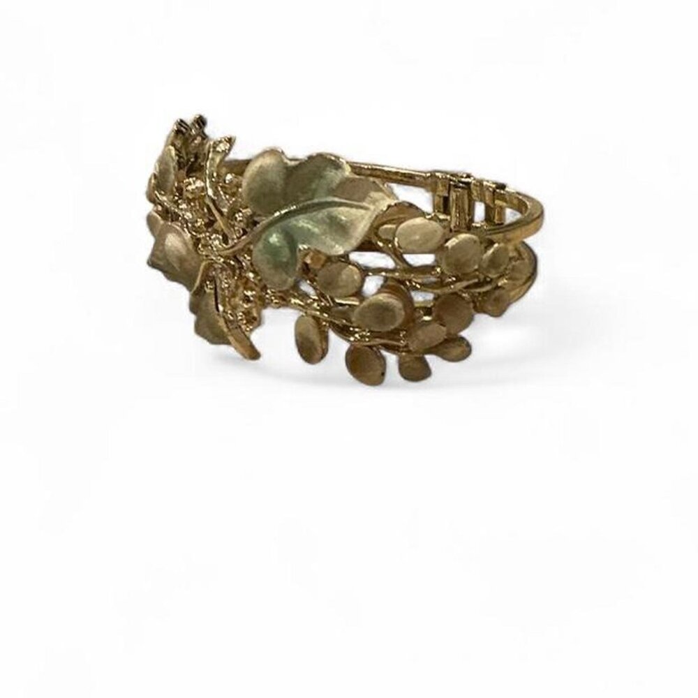Vintage Gold Tone Leaf Floral Cuff Bracelet Green Enamel Botanical Nature - Picture 4 of 4